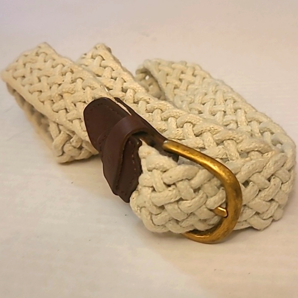 Woven cotton belt cream white with dark brown ends gold brass buckle - Picture 2 of 5